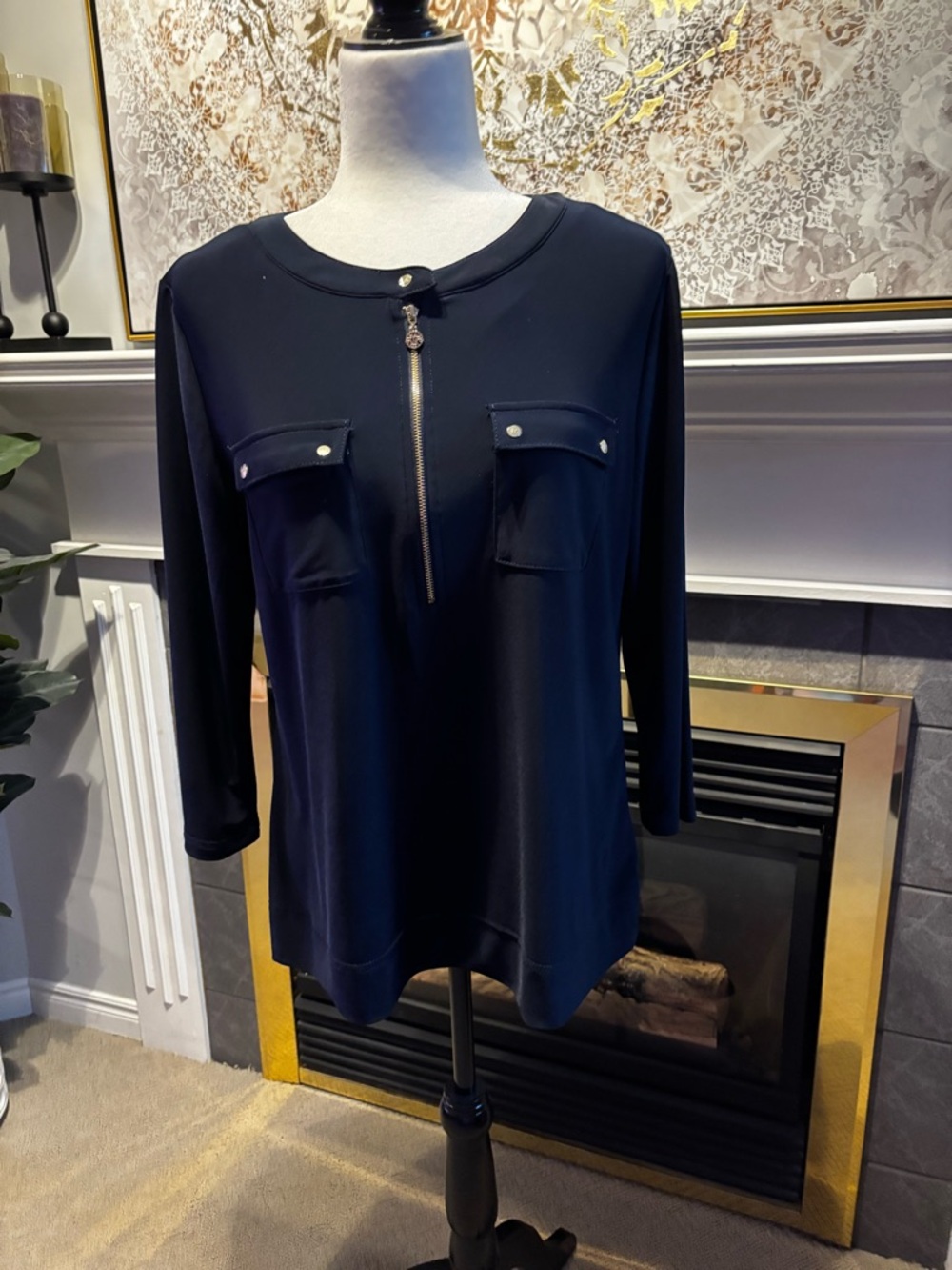 Anne Klein Navy Zip-Front Long Sleeve Top with Chest Flap Pockets size medium